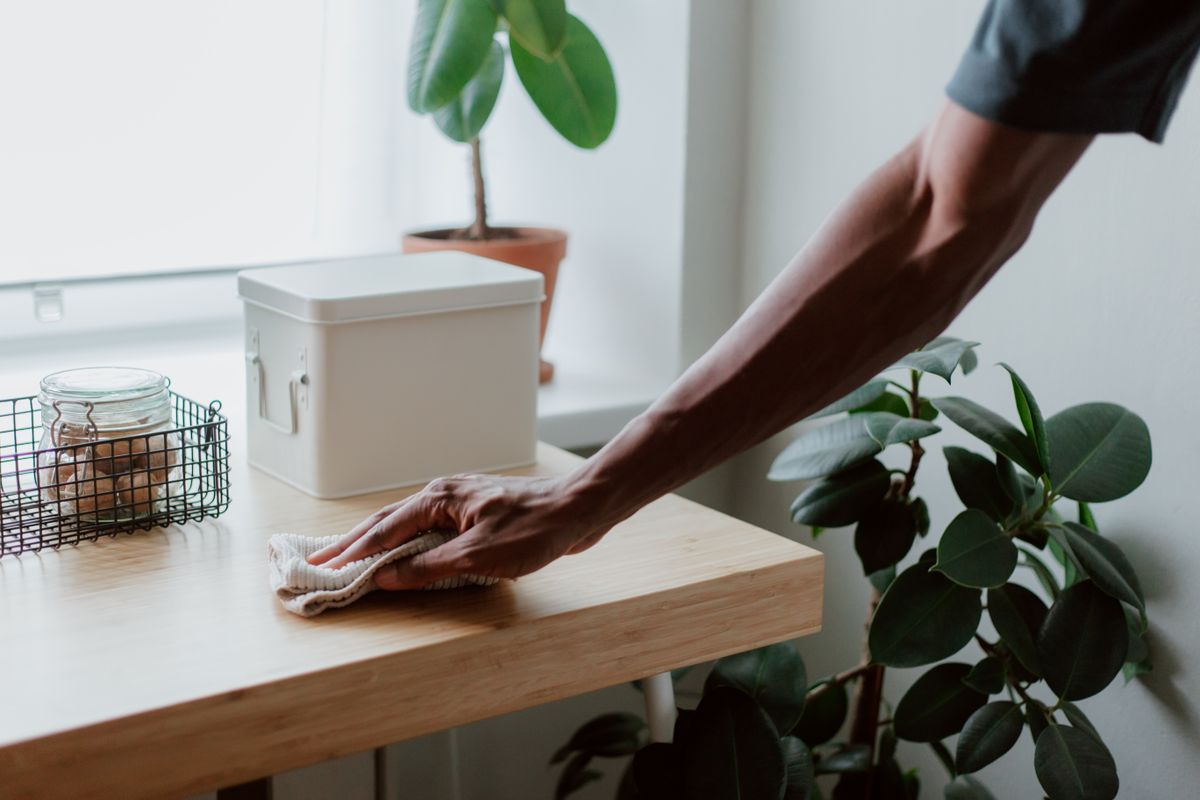 A hand wiping a light wood table with a cream cloth in natural light, beside a glass cookie jar, a white tin, and a potted rubber plant.